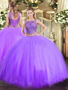 Lavender Scoop Lace Up Beading Sweet 16 Quinceanera Dress Sleeveless