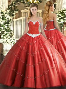 Floor Length Coral Red 15th Birthday Dress Sweetheart Sleeveless Lace Up