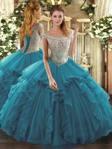 Luxurious Teal Off The Shoulder Neckline Beading and Ruffles Sweet 16 Dress Sleeveless Lace Up