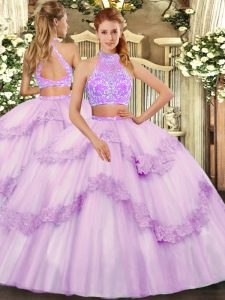 Lavender Two Pieces Beading and Lace and Ruffles Quinceanera Gown Criss Cross Tulle Sleeveless Floor Length