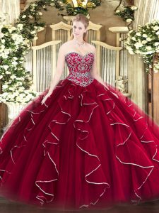 Floor Length Wine Red 15 Quinceanera Dress Tulle Sleeveless Beading and Ruffles