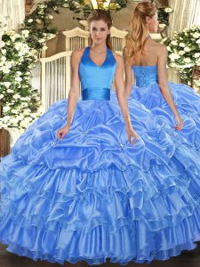 On Sale Baby Blue Sleeveless Organza Lace Up Sweet 16 Dress for Military Ball and Sweet 16 and Quinceanera