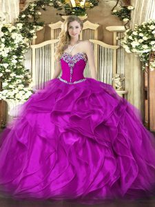 Fuchsia Ball Gowns Organza Sweetheart Sleeveless Beading and Ruffles Floor Length Lace Up 15th Birthday Dress