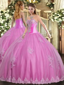 Ideal Sweetheart Sleeveless Quince Ball Gowns Floor Length Beading and Appliques Rose Pink Tulle