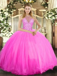 Floor Length Rose Pink 15th Birthday Dress Tulle Sleeveless Beading