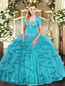 Noble Sweetheart Sleeveless Lace Up 15 Quinceanera Dress Aqua Blue Tulle