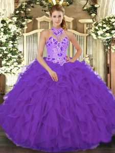 Sleeveless Organza Floor Length Lace Up 15 Quinceanera Dress in Purple with Beading and Embroidery and Ruffles