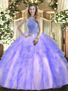 Fitting Lavender Tulle Lace Up High-neck Sleeveless Floor Length Sweet 16 Quinceanera Dress Beading and Ruffles