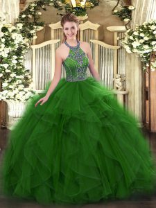 Green Ball Gowns Tulle Halter Top Sleeveless Beading and Ruffles Floor Length Lace Up Sweet 16 Quinceanera Dress