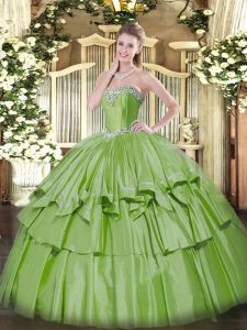 Yellow Green Ball Gowns Sweetheart Sleeveless Organza and Taffeta Floor Length Lace Up Beading and Ruffled Layers Sweet 16 Quinceanera Dress