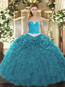 Teal Quinceanera Dress Military Ball and Sweet 16 and Quinceanera with Appliques and Ruffles Sweetheart Sleeveless Lace Up