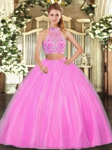 Floor Length Hot Pink Sweet 16 Dress Tulle Sleeveless Beading