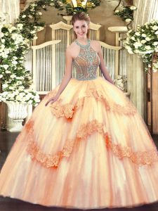 Stylish Sleeveless Floor Length Beading and Appliques Lace Up 15th Birthday Dress with Peach