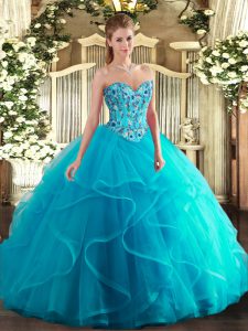 Embroidery and Ruffles Sweet 16 Dress Aqua Blue Lace Up Sleeveless Floor Length