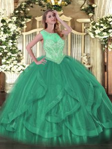 Excellent Sleeveless Floor Length Beading and Ruffles Lace Up Ball Gown Prom Dress with Turquoise