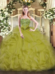 Modern Floor Length Lace Up Vestidos de Quinceanera Olive Green for Military Ball and Sweet 16 and Quinceanera with Beading and Ruffles
