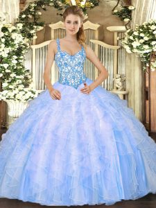 Floor Length Lace Up Quinceanera Gowns Baby Blue for Sweet 16 and Quinceanera with Beading and Ruffles