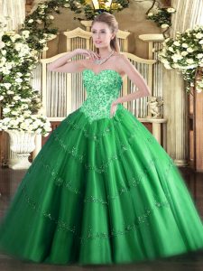 Top Selling Green Tulle Lace Up Sweet 16 Dress Sleeveless Floor Length Appliques