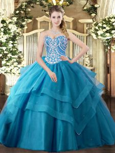 Teal Lace Up 15th Birthday Dress Beading and Ruffled Layers Sleeveless Floor Length