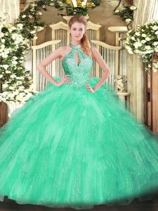 Apple Green Halter Top Lace Up Beading and Ruffles Sweet 16 Quinceanera Dress Sleeveless