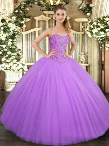 Lilac Tulle Lace Up Quinceanera Gown Sleeveless Floor Length Beading