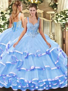 Floor Length Blue Vestidos de Quinceanera Organza Sleeveless Beading and Ruffled Layers