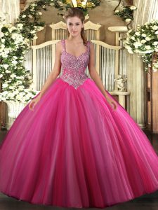 Ball Gowns Quinceanera Dress Hot Pink V-neck Tulle Sleeveless Floor Length Lace Up