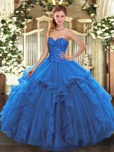 Luxury Blue Ball Gowns Sweetheart Sleeveless Tulle Floor Length Lace Up Beading and Ruffles 15 Quinceanera Dress