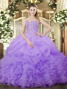 Vintage Floor Length Lilac Sweet 16 Dress Organza Sleeveless Beading and Ruffles and Pick Ups