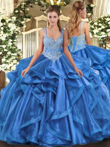 Blue Sleeveless Beading and Ruffles Floor Length Quinceanera Gowns