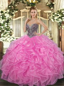 Custom Made Ball Gowns Sweet 16 Dresses Rose Pink Sweetheart Organza Sleeveless Floor Length Lace Up