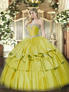 Organza and Taffeta Sweetheart Sleeveless Lace Up Beading and Ruffled Layers Sweet 16 Quinceanera Dress in Yellow