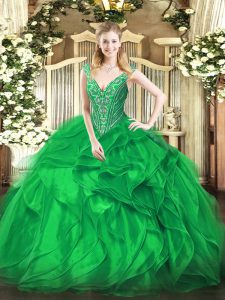 Pretty Sleeveless Organza Floor Length Lace Up Quinceanera Dresses in Green with Beading and Ruffles