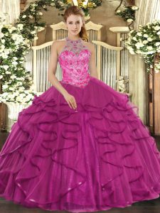 Colorful Fuchsia Halter Top Lace Up Beading and Ruffles Quinceanera Dresses Sleeveless