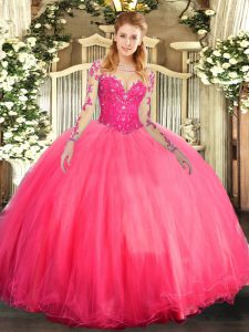 Floor Length Coral Red Quinceanera Gown Tulle Long Sleeves Lace