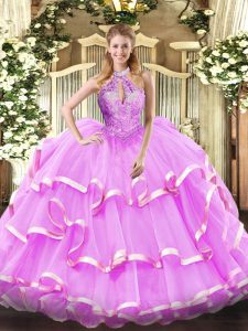 Classical Organza Halter Top Sleeveless Lace Up Beading Quinceanera Gowns in Lilac