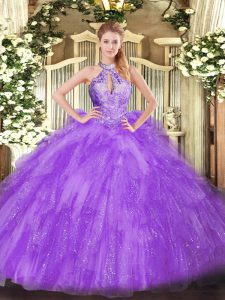 Lavender Sweet 16 Dresses Military Ball and Sweet 16 and Quinceanera with Beading Halter Top Sleeveless Lace Up