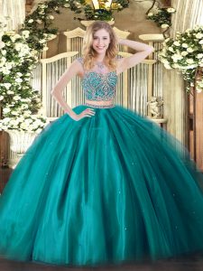 Suitable Floor Length Lace Up Quinceanera Dresses Teal for Military Ball and Sweet 16 and Quinceanera with Beading