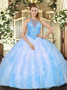 Chic Floor Length Baby Blue Sweet 16 Dress Organza Sleeveless Beading and Ruffles