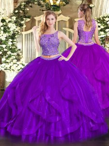 Purple Two Pieces Beading and Ruffles 15 Quinceanera Dress Lace Up Organza Sleeveless Floor Length