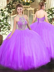 Fashion Lilac Halter Top Lace Up Beading Quinceanera Dresses Sleeveless