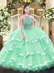 Sleeveless Floor Length Beading and Ruffled Layers Lace Up Quince Ball Gowns with Apple Green