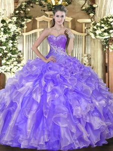 Lavender Organza Lace Up Sweetheart Sleeveless Floor Length Sweet 16 Dress Beading and Ruffles