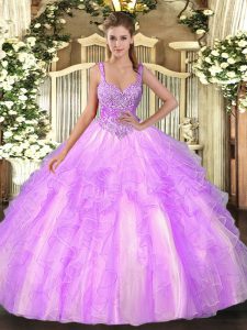 New Style Tulle Straps Sleeveless Lace Up Beading and Ruffles Ball Gown Prom Dress in Lilac