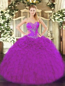 Beauteous Fuchsia Organza Lace Up Sweetheart Sleeveless Floor Length Ball Gown Prom Dress Beading and Ruffles