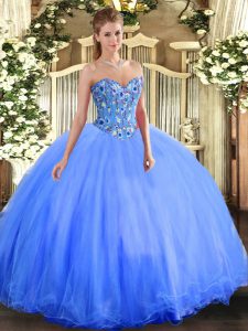 Blue Organza and Tulle Lace Up Sweetheart Sleeveless Floor Length 15 Quinceanera Dress Embroidery