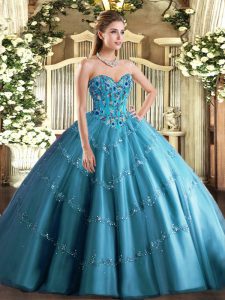 Nice Tulle Sweetheart Sleeveless Lace Up Appliques and Embroidery Quince Ball Gowns in Teal