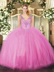 Stylish Beading Quinceanera Gown Rose Pink Lace Up Sleeveless Floor Length