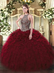 Beading and Ruffles Quinceanera Dress Wine Red Lace Up Sleeveless Floor Length