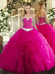 Smart Fuchsia Sweetheart Lace Up Appliques and Ruffles 15th Birthday Dress Sleeveless